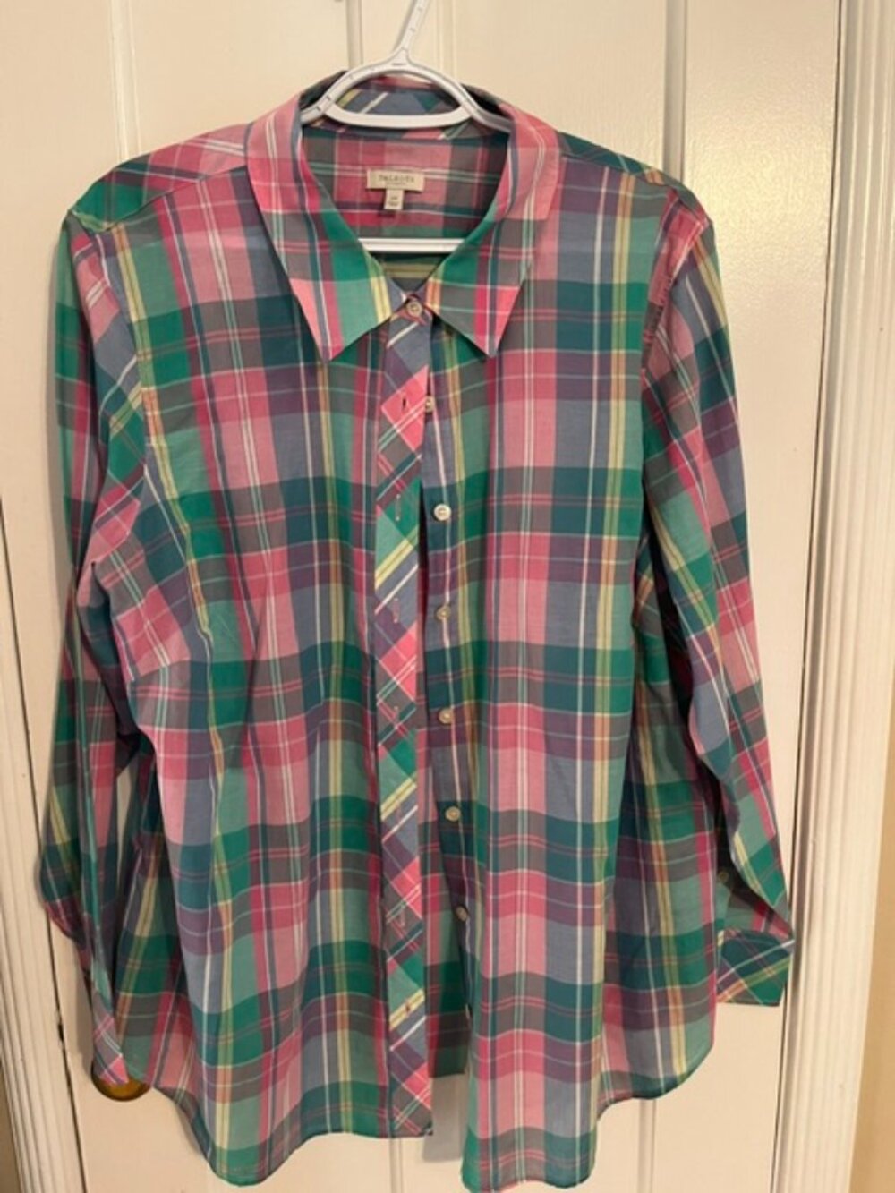 TALBOTS PINK & GREEN PREPPY PLAID SHIRT, 2X, BUTTON FRONT, LS; EXCELLENT
